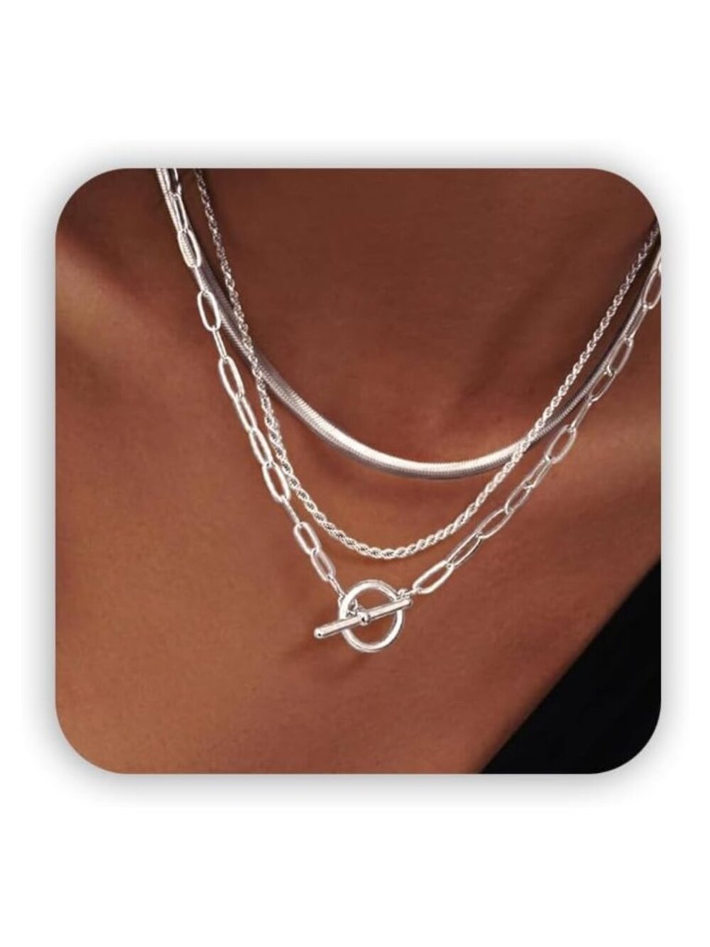 3-Piece Layered Toggle Necklace Set Silver Plated Chains for Women